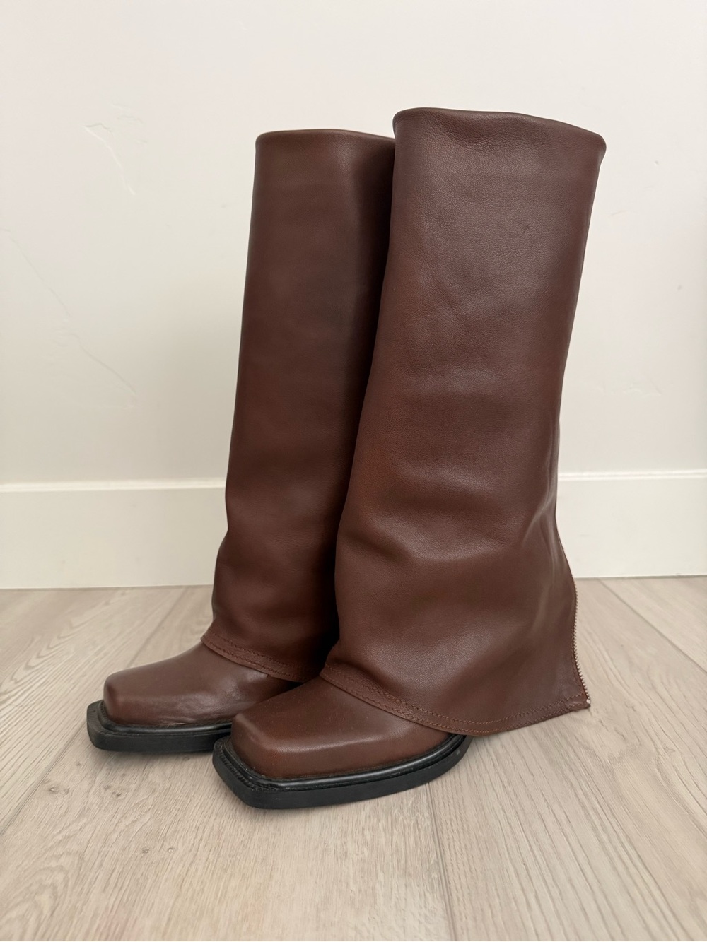 Zara Square-Toe Brown Leather knee high Boots